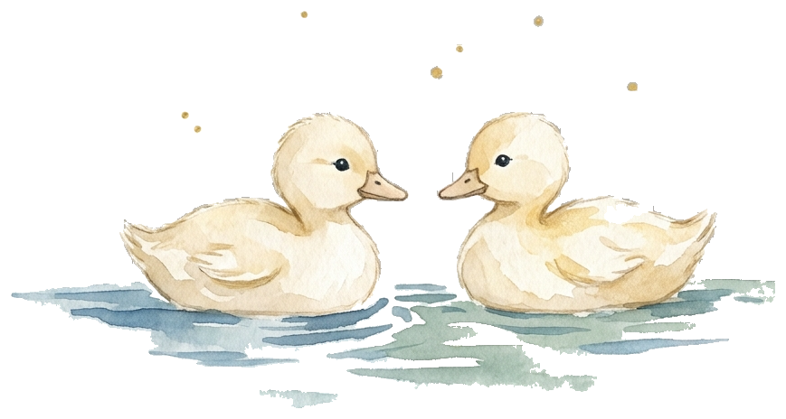 Dois patinhos de aquarela, frente a frente na água